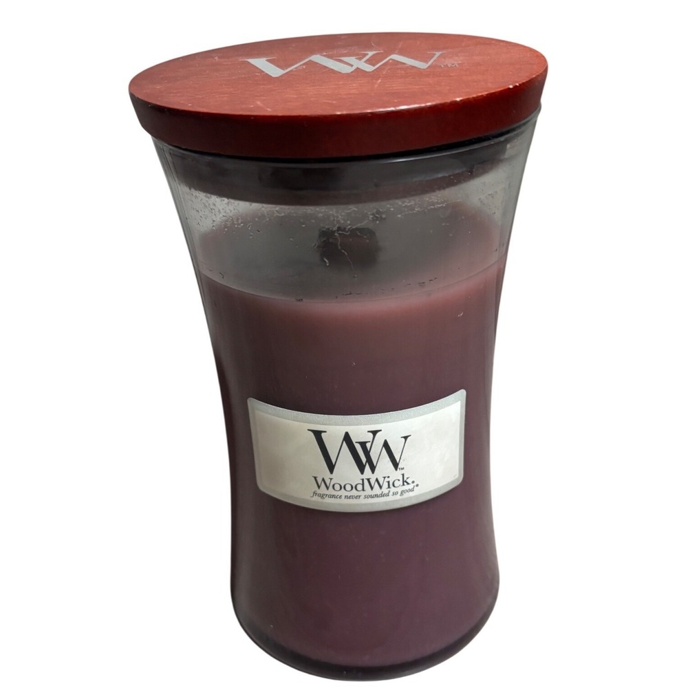 WoodWick Large Hourglass Candle 22oz Purple Wax Wooden Lid Crackling Wick Used